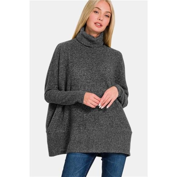 Zenana Full Size Brushed Melange Hacci Turtleneck Sweater - Picture 1 of 3